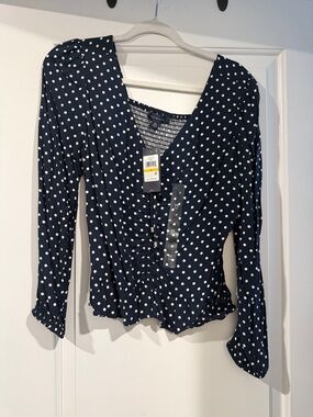 Tommy Hilfiger Navy and White Polka Dot V-Neck Ruched Blouse